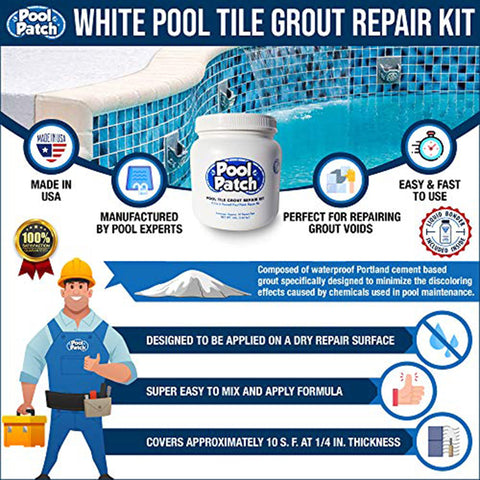 Pool Patch easy mixing and application aids DIY pool grout repair.