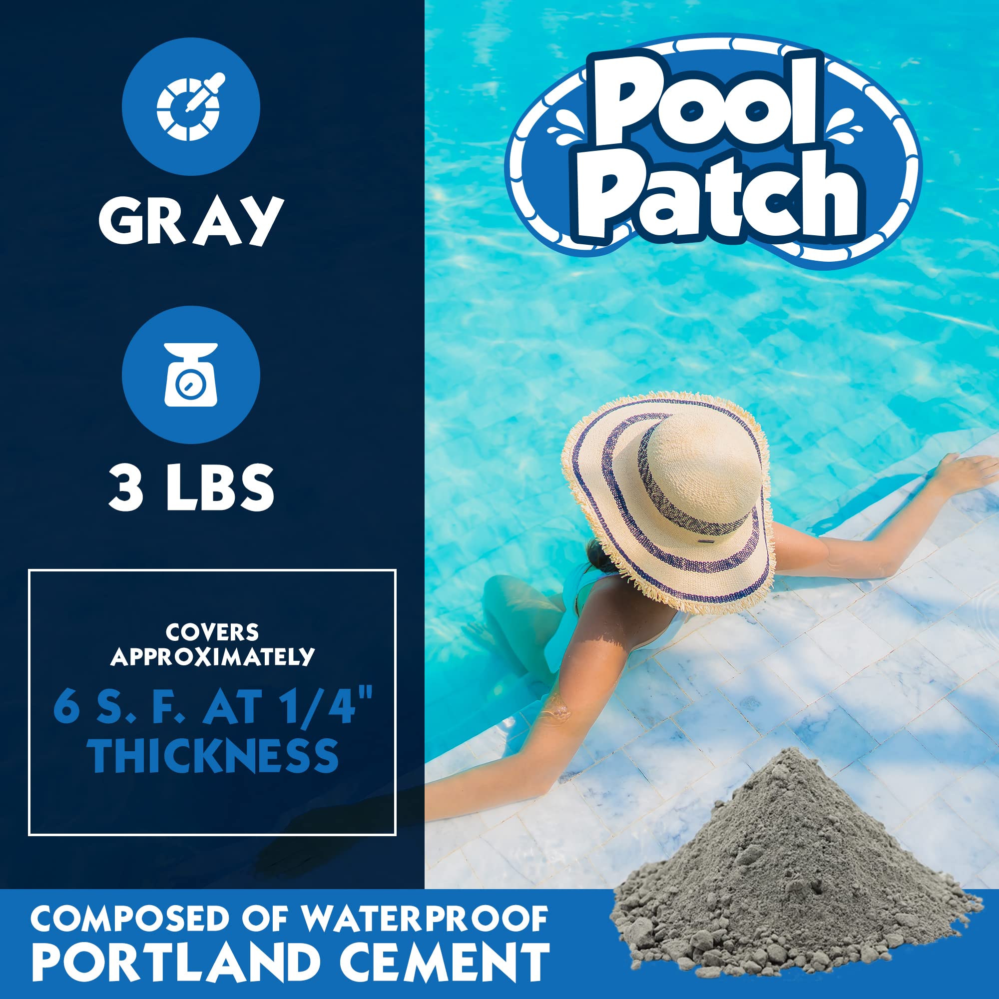 Pool Patch waterproof cement-based adhesive supports durable tile setting.