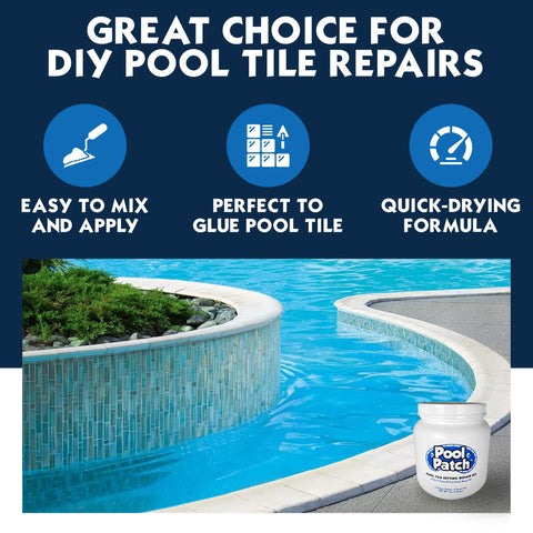Pool Patch rapid-curing formula bonds old and new pool tiles.