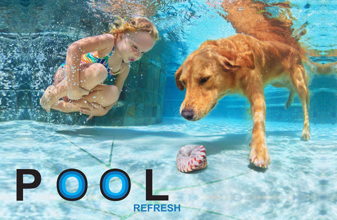 Sunlit pool edge with Pool Refresh branding on bottle.