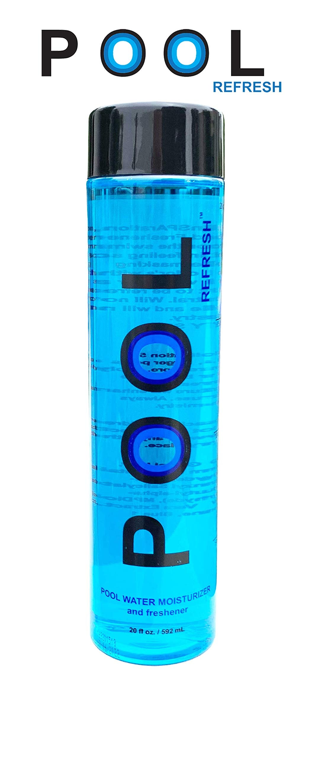 Pool Refresh label close-up highlights chlorine odor masking and skin moisturization.