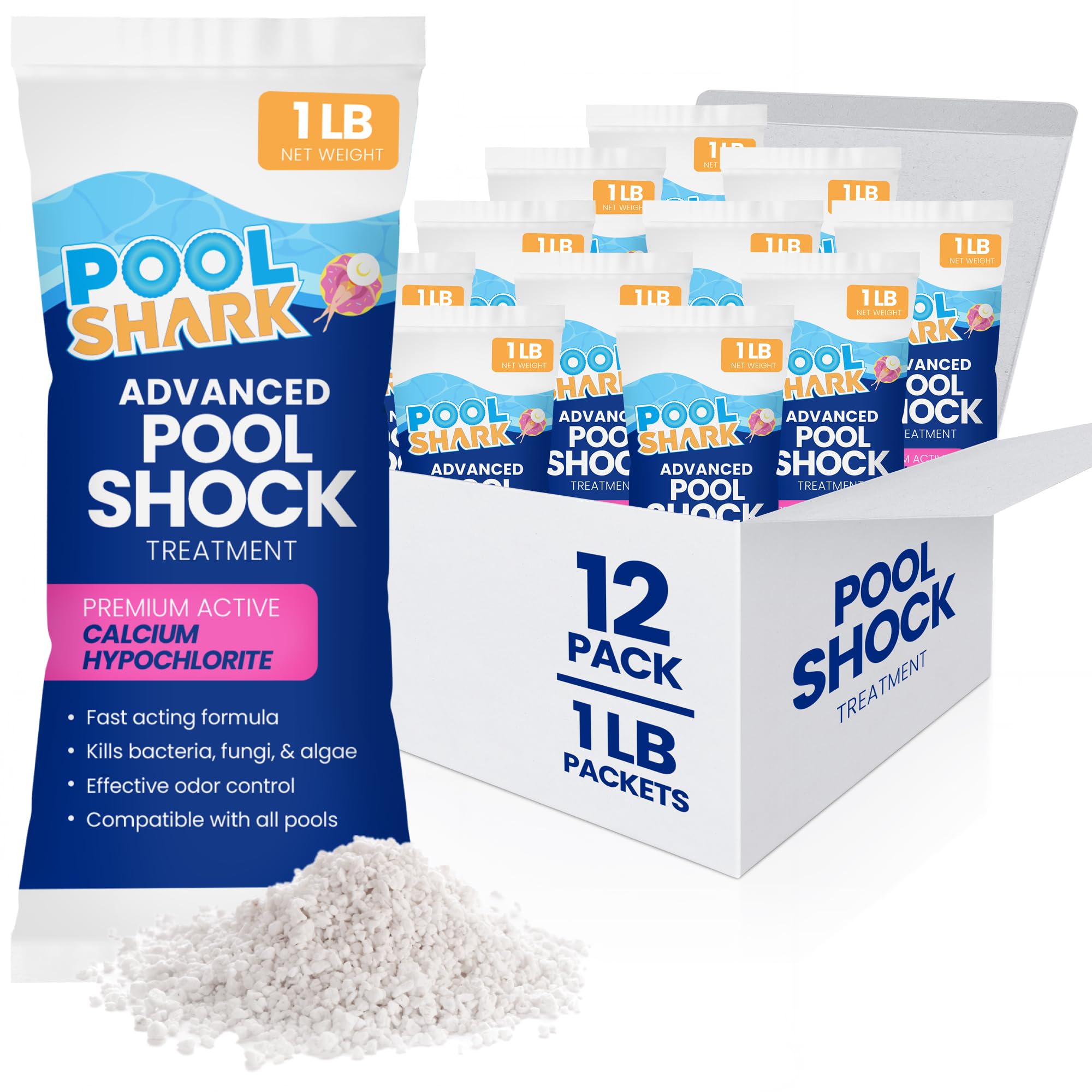 Pool Shark 68% calcium hypochlorite pool shock in 12-pack bags for rapid action.