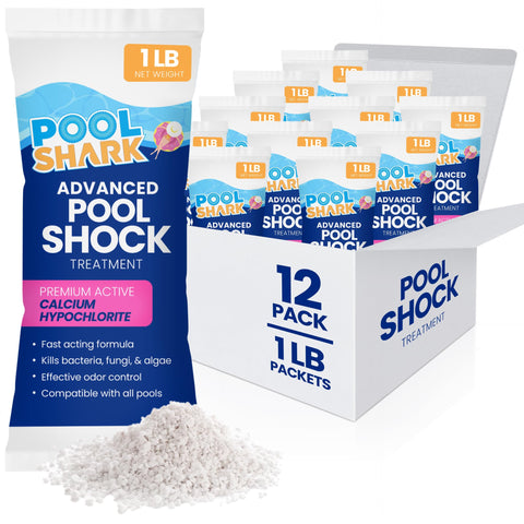 Pool Shark 68% calcium hypochlorite pool shock in 12-pack bags for rapid action.
