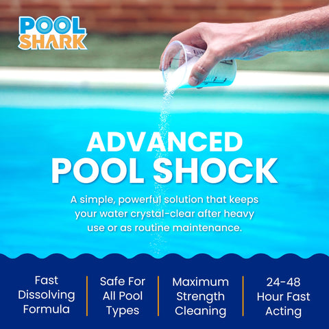 Pool Shark fast-dissolving granules being poured into pool for quick shocking.