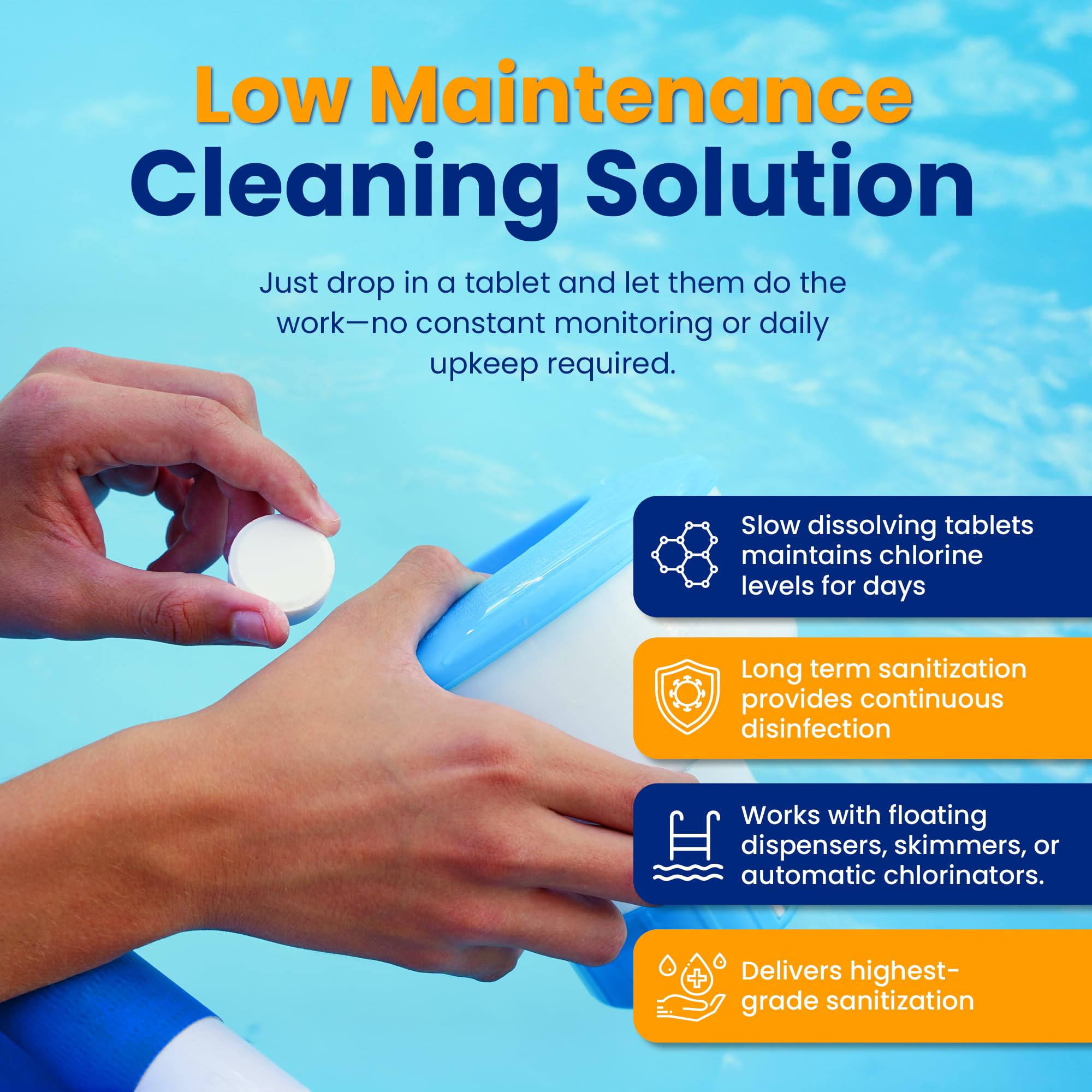 Pool Shark slow-dissolving chlorine tablet extends sanitization between treatments.