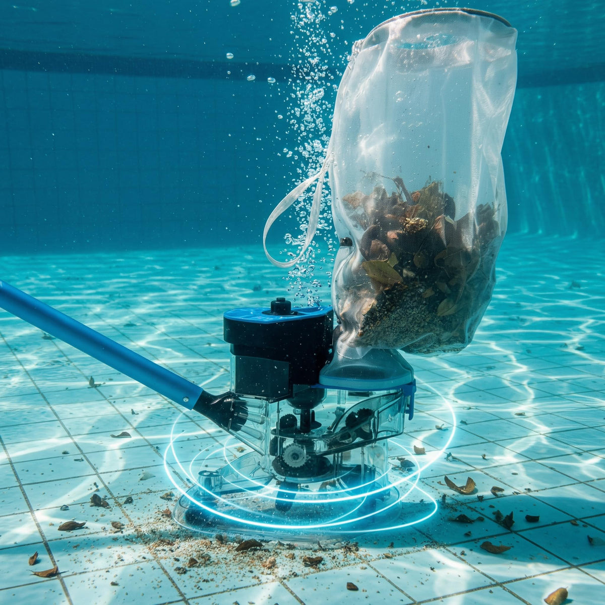 Pool Stomach 55 cordless pool cleaner in use with 75-minute runtime for large pools.
