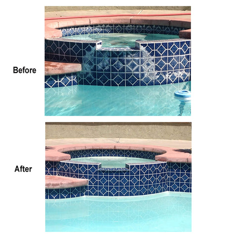 EZ-Clip pumice stone cleans calcium deposits on concrete pool tiles.