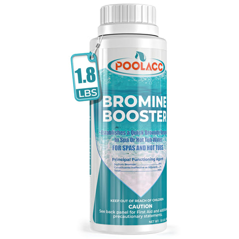 POOLACC Bromine Booster bottle pour demonstrates quick bromide activation for spa water