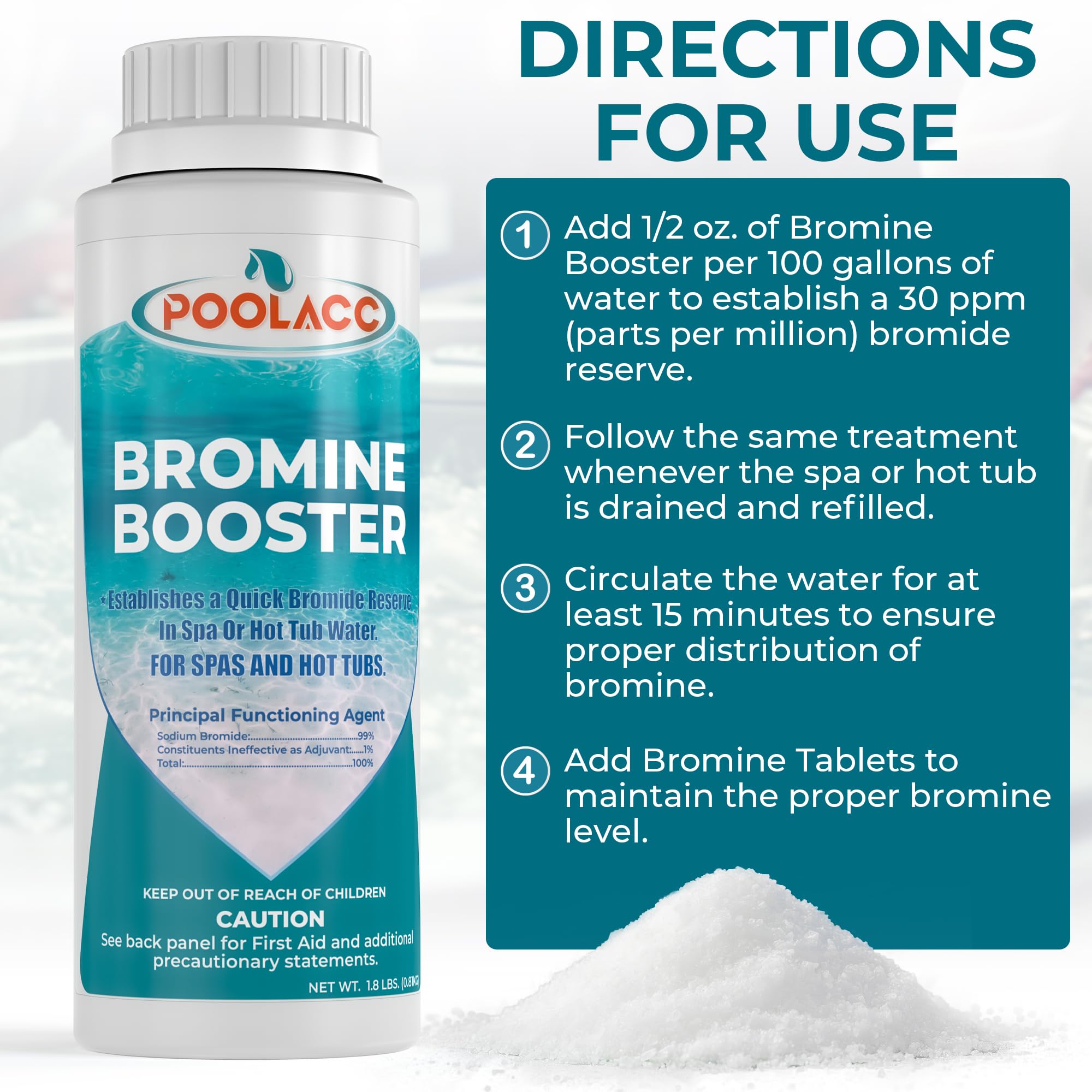 POOLACC Bromine Booster uses 2 oz per 500 gallons for recharging after water changes