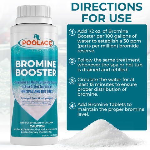 POOLACC Bromine Booster uses 2 oz per 500 gallons for recharging after water changes