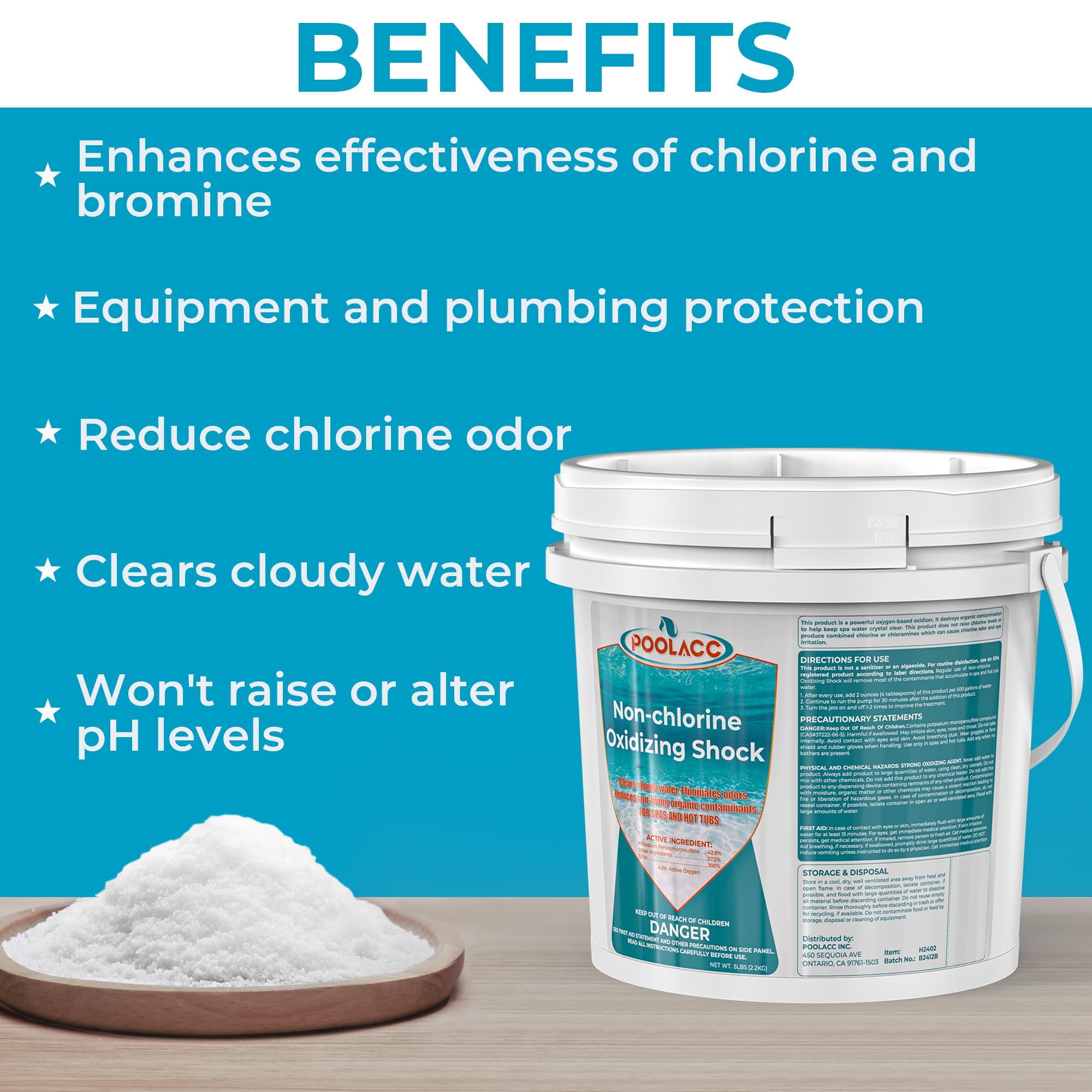 Poolacc chlorine-free spa shock oxidizer clarifies cloudy water quickly.