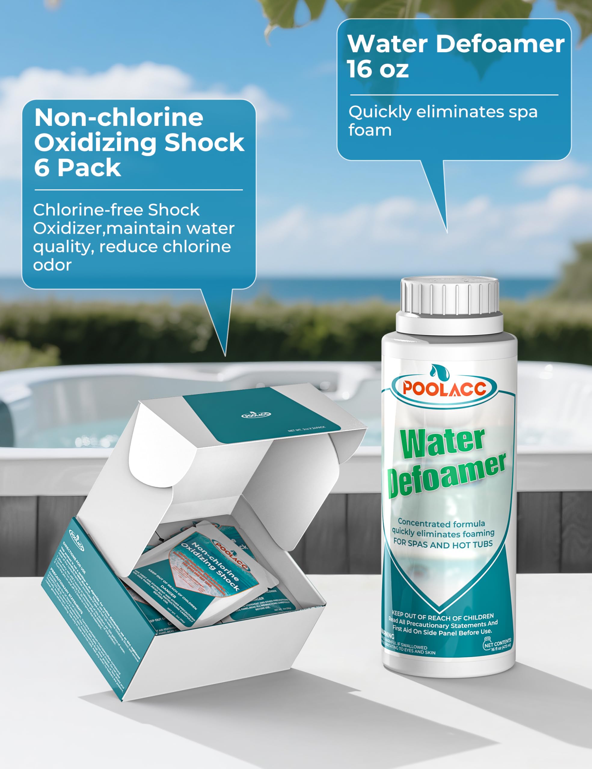 Poolacc non-chlorine shock oxidizes organics for sparkling hot tub water
