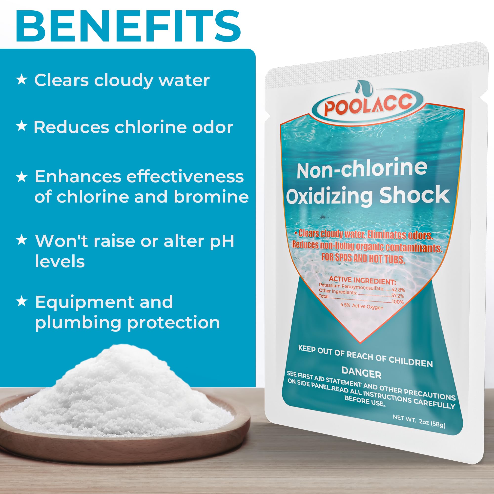 POOLACC single-dose packets for easy, mess-free spa maintenance.