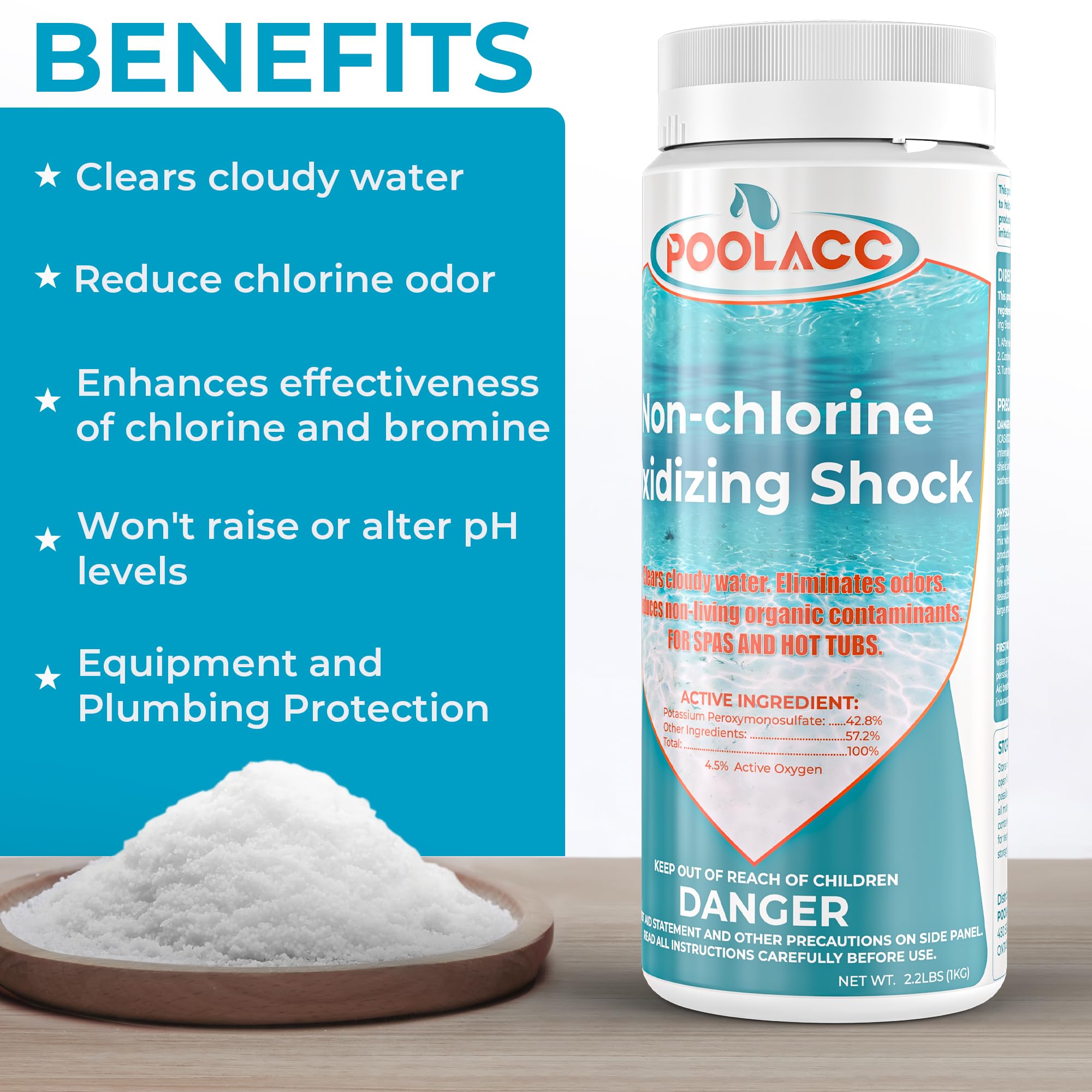 POOLACC spa shock oxidizer dissolving-powder demonstrates quick activation in water.