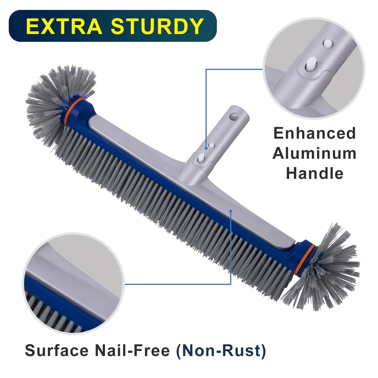 POOLAZA 17.5-inch wide brush sweeps walls and floor quickly.