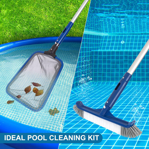 POOLAZA assembled cleaning kit in pool demonstrates extended reach and versatility.