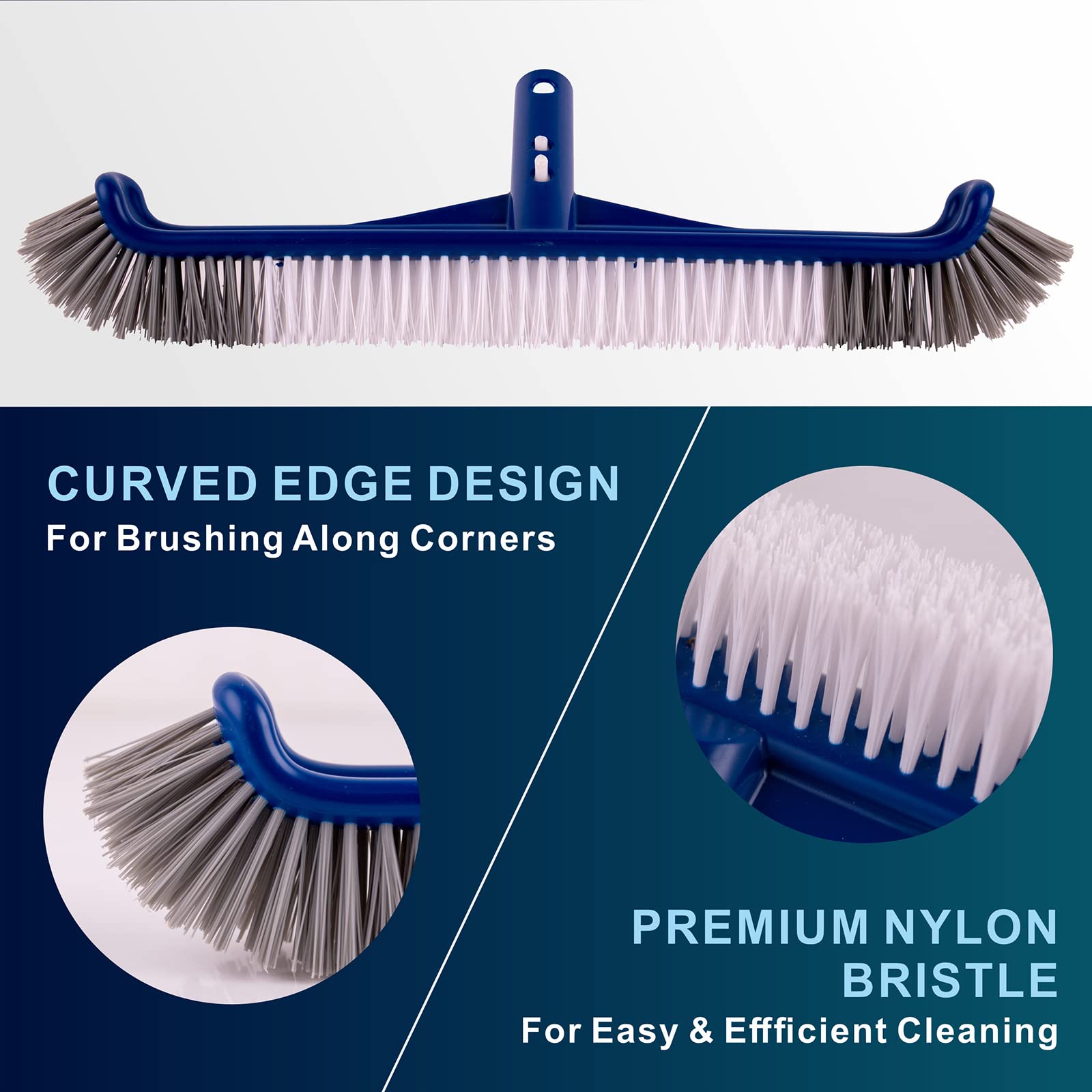 POOLAZA curved-ends help clean along pool corners and tiles.