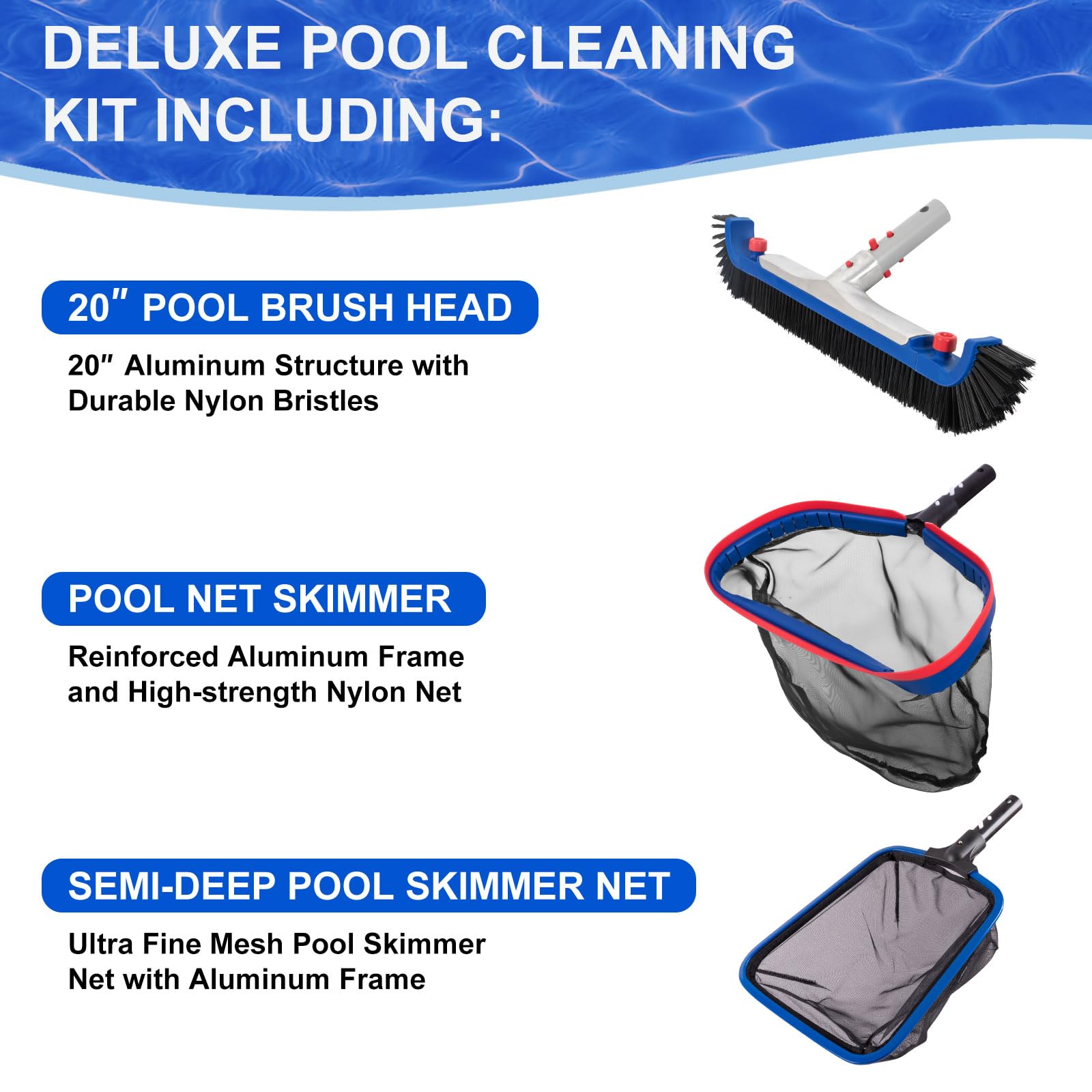 POOLAZA 17.5-inch deep net skimmer captures leaves with aluminum frame.