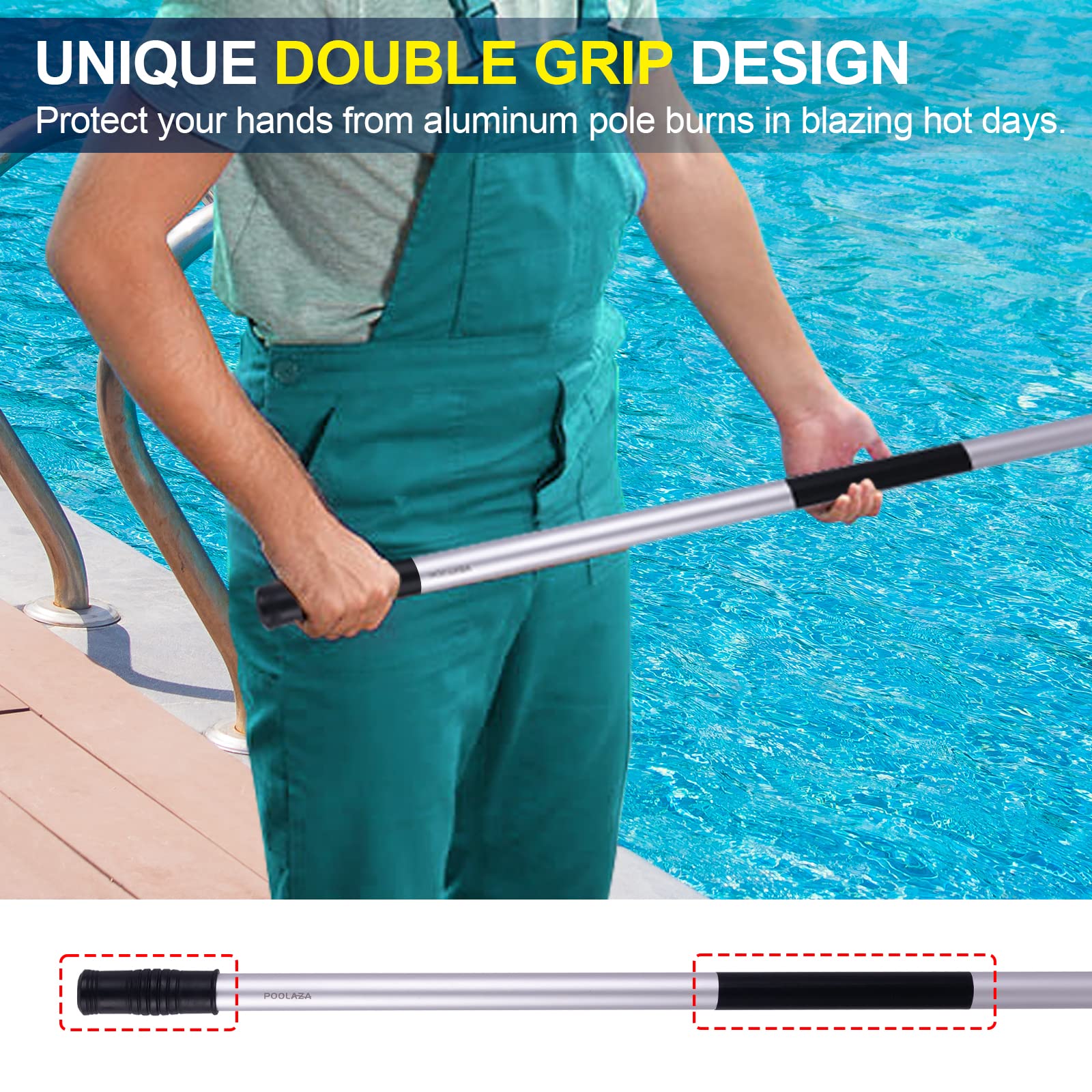 Poolaza universal compatibility enables attachment of skimmer nets, vacuums, and brushes.
