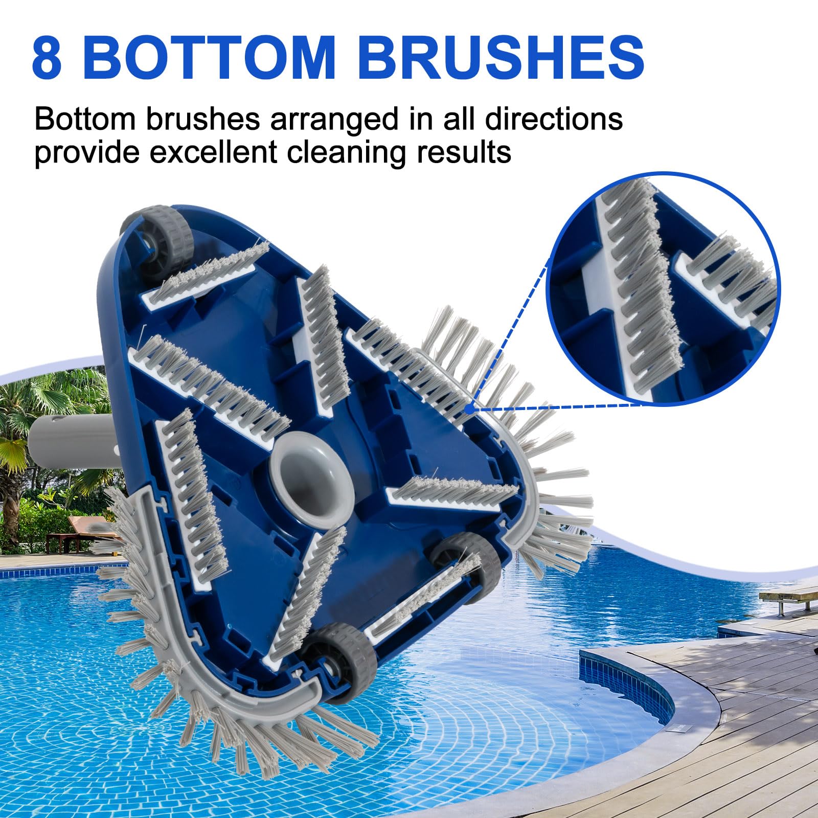 POOLAZA pool vacuum head bottom brushes scrub from every angle.