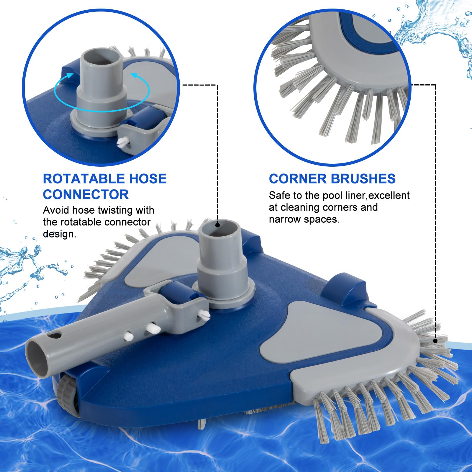 POOLAZA pool vacuum head side brushes protect liner and reach corners.