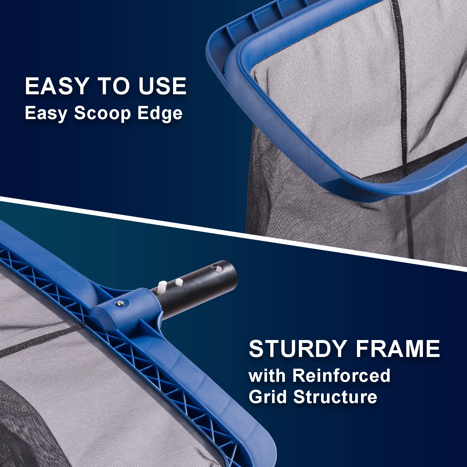 Poolaza reinforced-frame skimmer net for long-lasting debris pickup.