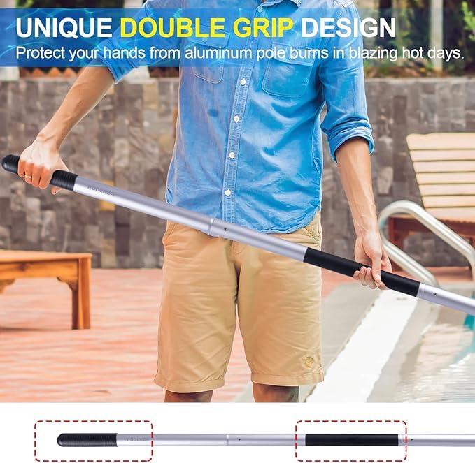 POOLAZA telescopic pool pole extends to 10.5 feet for reaching high corners.