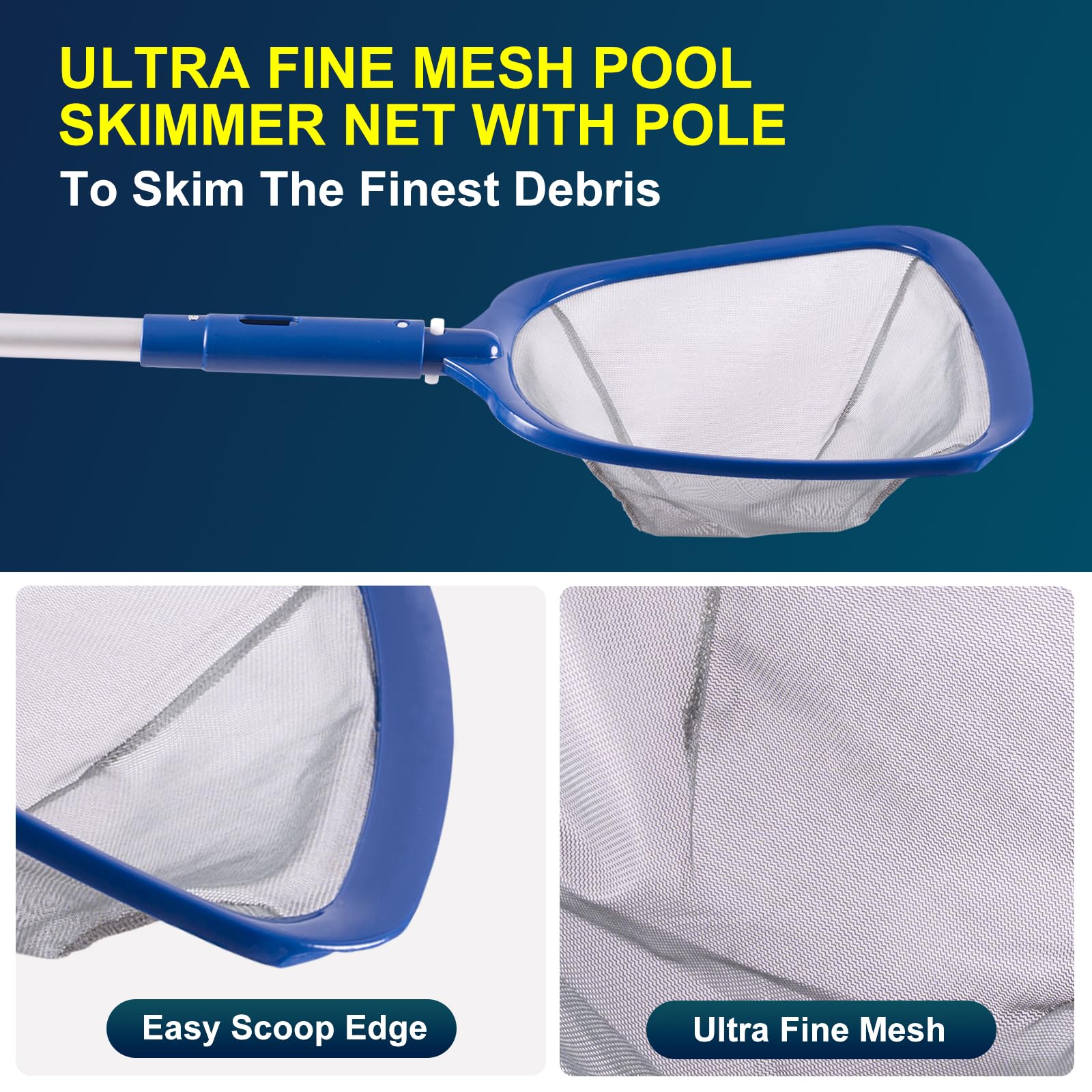 POOLAZA ultra-fine mesh skimmer net captures tiny debris efficiently.