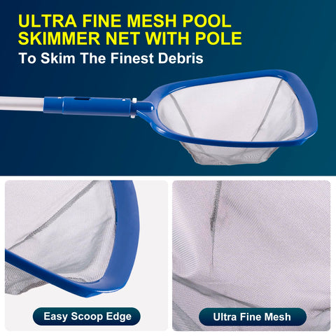 POOLAZA ultra-fine mesh skimmer net captures tiny debris efficiently.