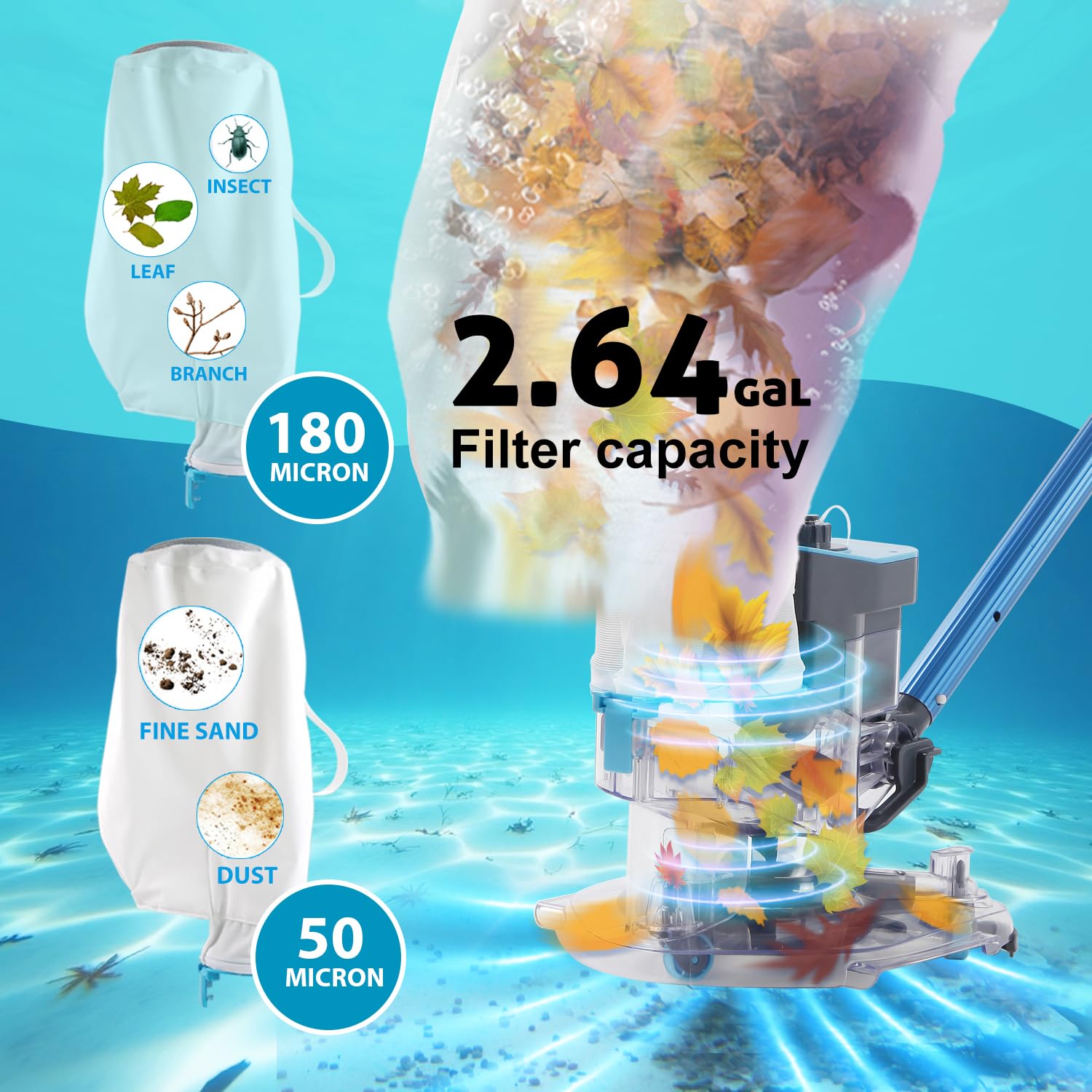 PoolCent cordless leaf vacuum skims surface debris efficiently