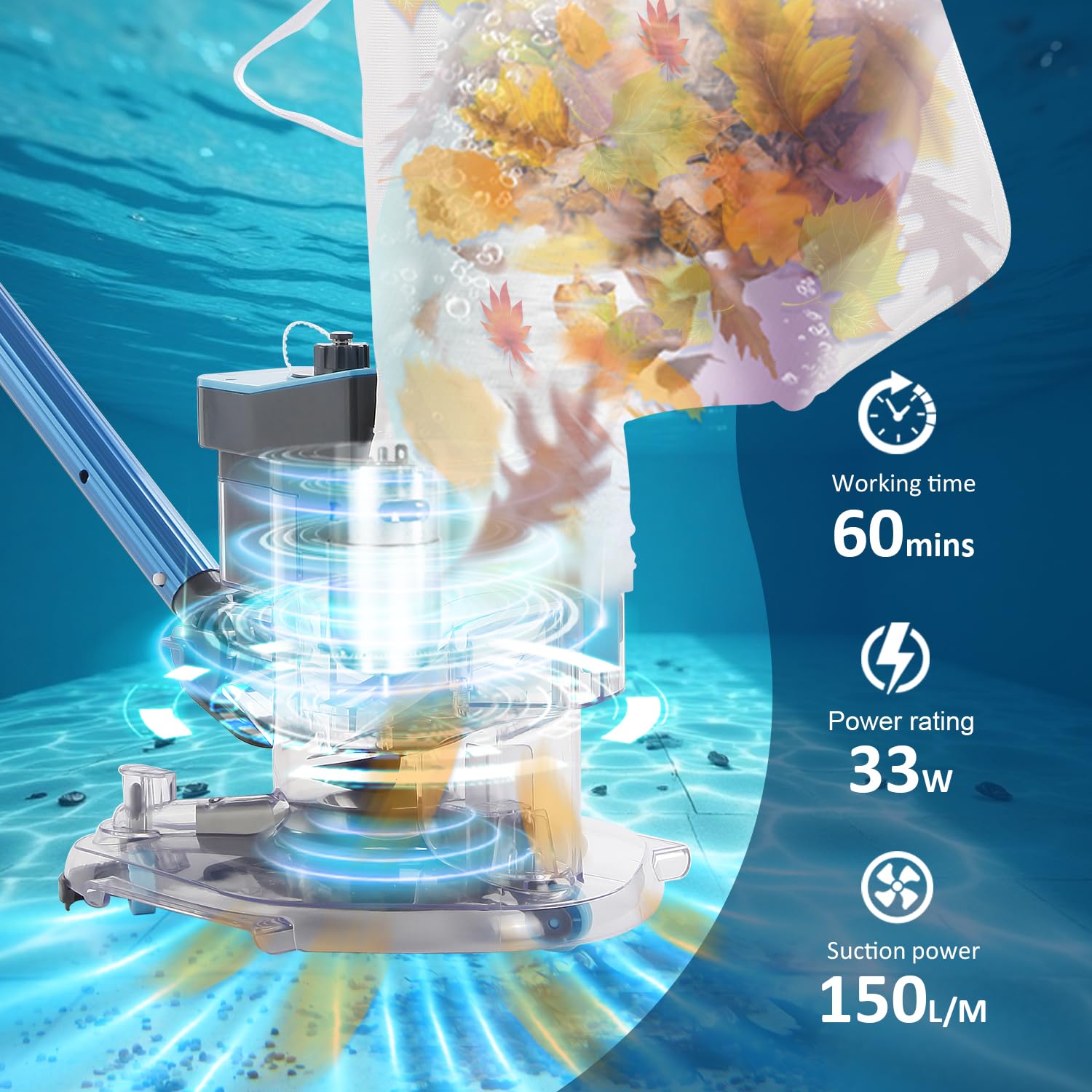 PoolCent cordless leaf vacuum works with standard telescopic poles for convenience