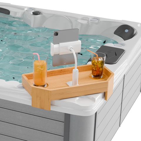 POOLCOMFT bamboo hot tub tray resting on tub edge for convenient drinks and devices