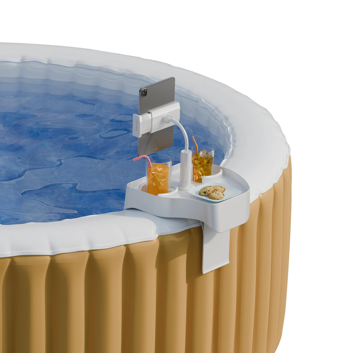 Poolcomft hot tub table tray with adjustable base holds drinks within easy reach