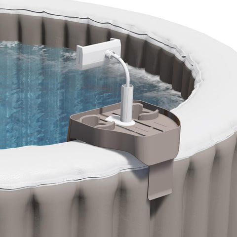 POOLCOMFT hot tub table tray setup showing easy reach during spa time