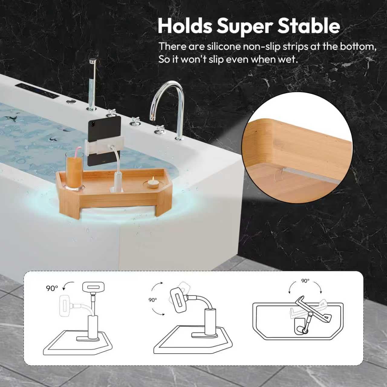 POOLCOMFT non-slip base stabilizes tray in humid bath settings