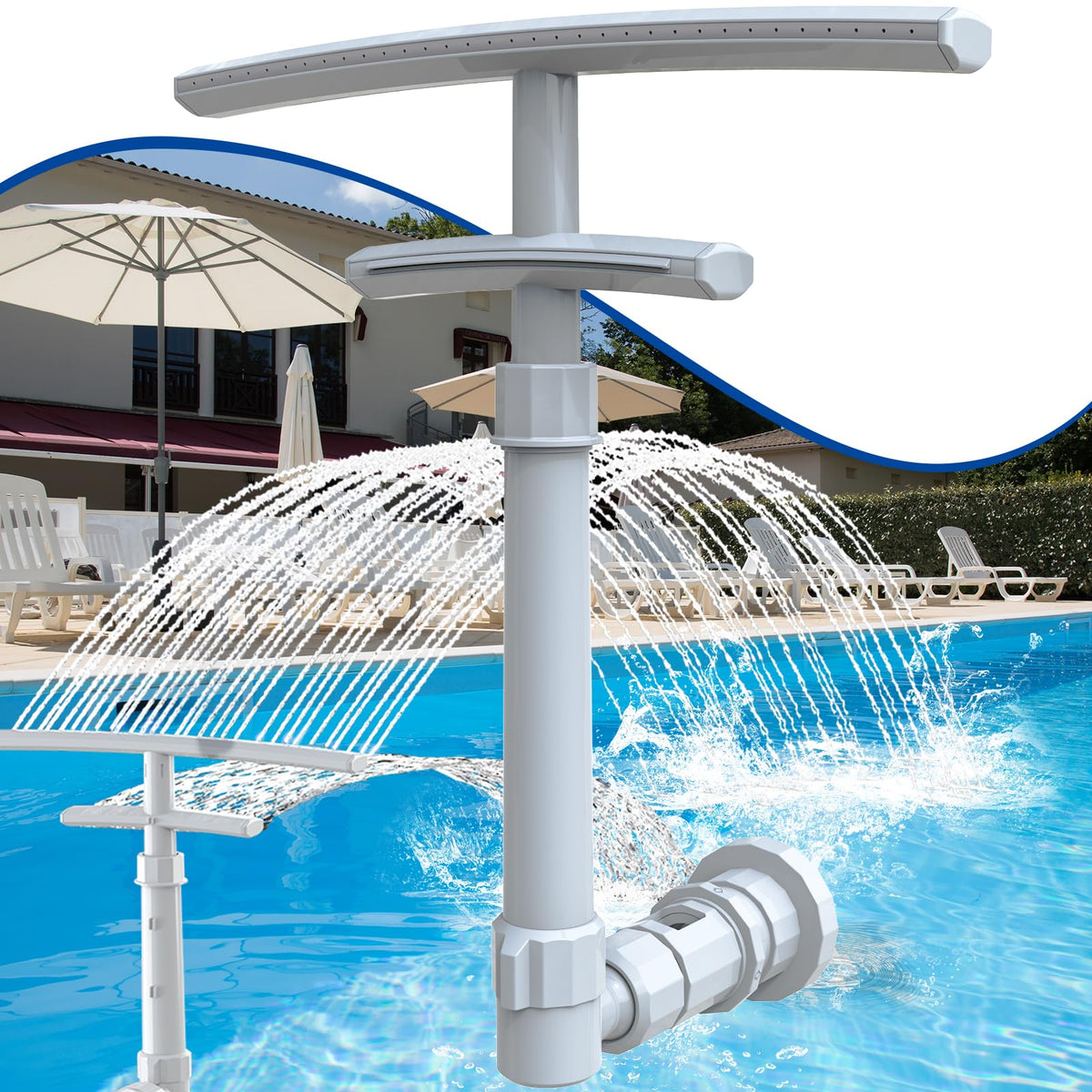 PoolCoolPro dual-layer fountain setup with dramatic water arcs for refreshing ambience