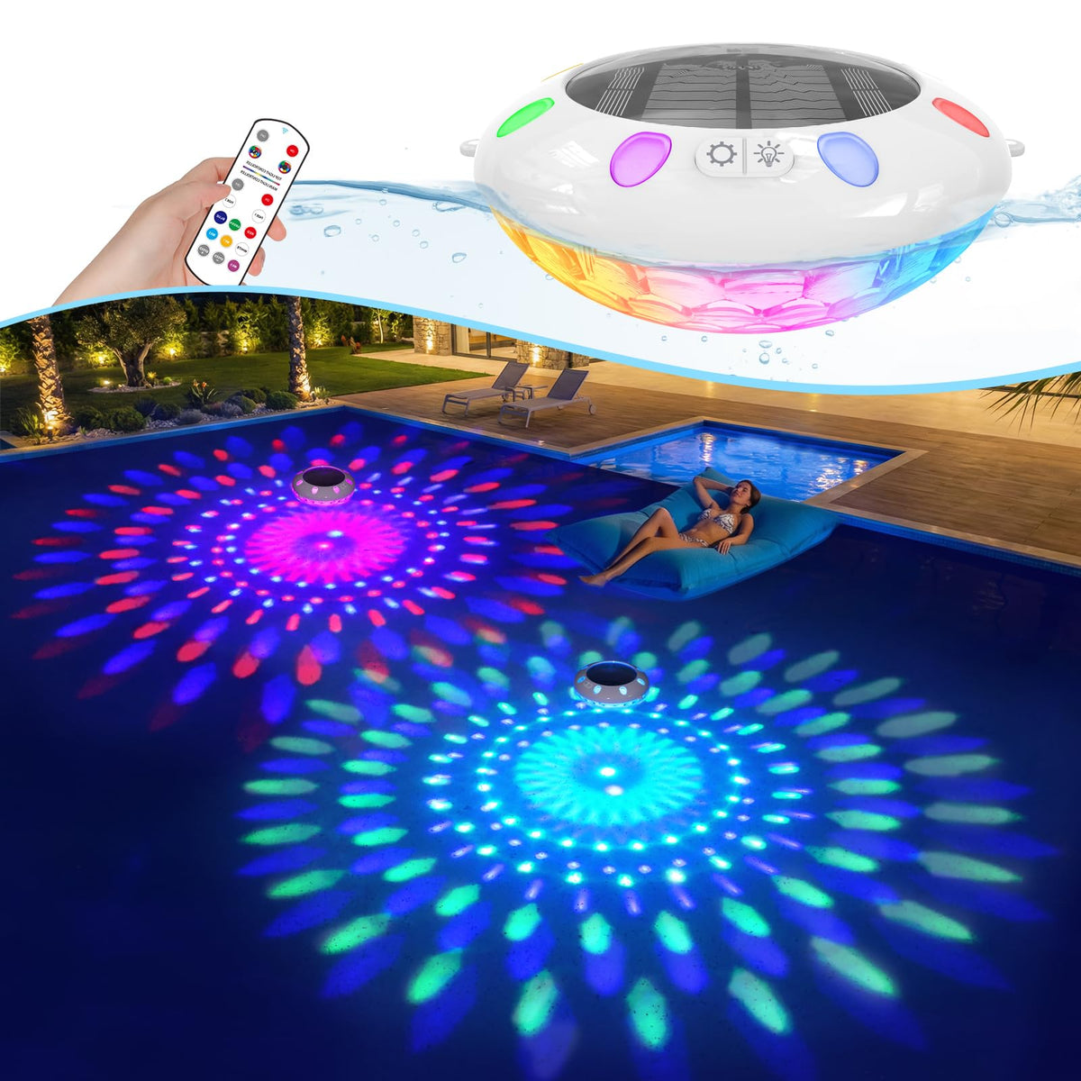 Pooldecor floating pool lights with remote control provide ambient night swimming lighting.