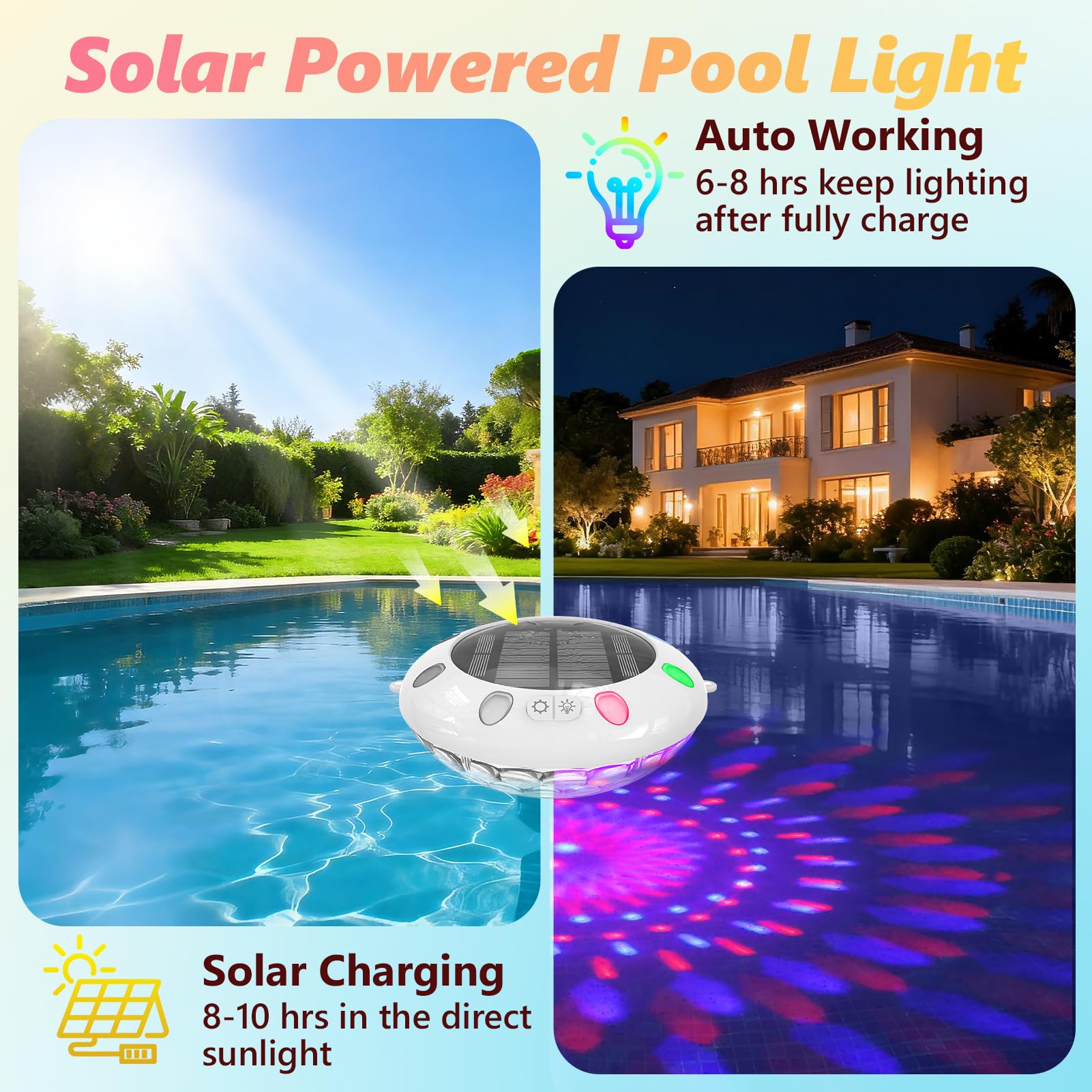 Pooldecor solar-powered floating lights charge in sun for cordless pool illumination.