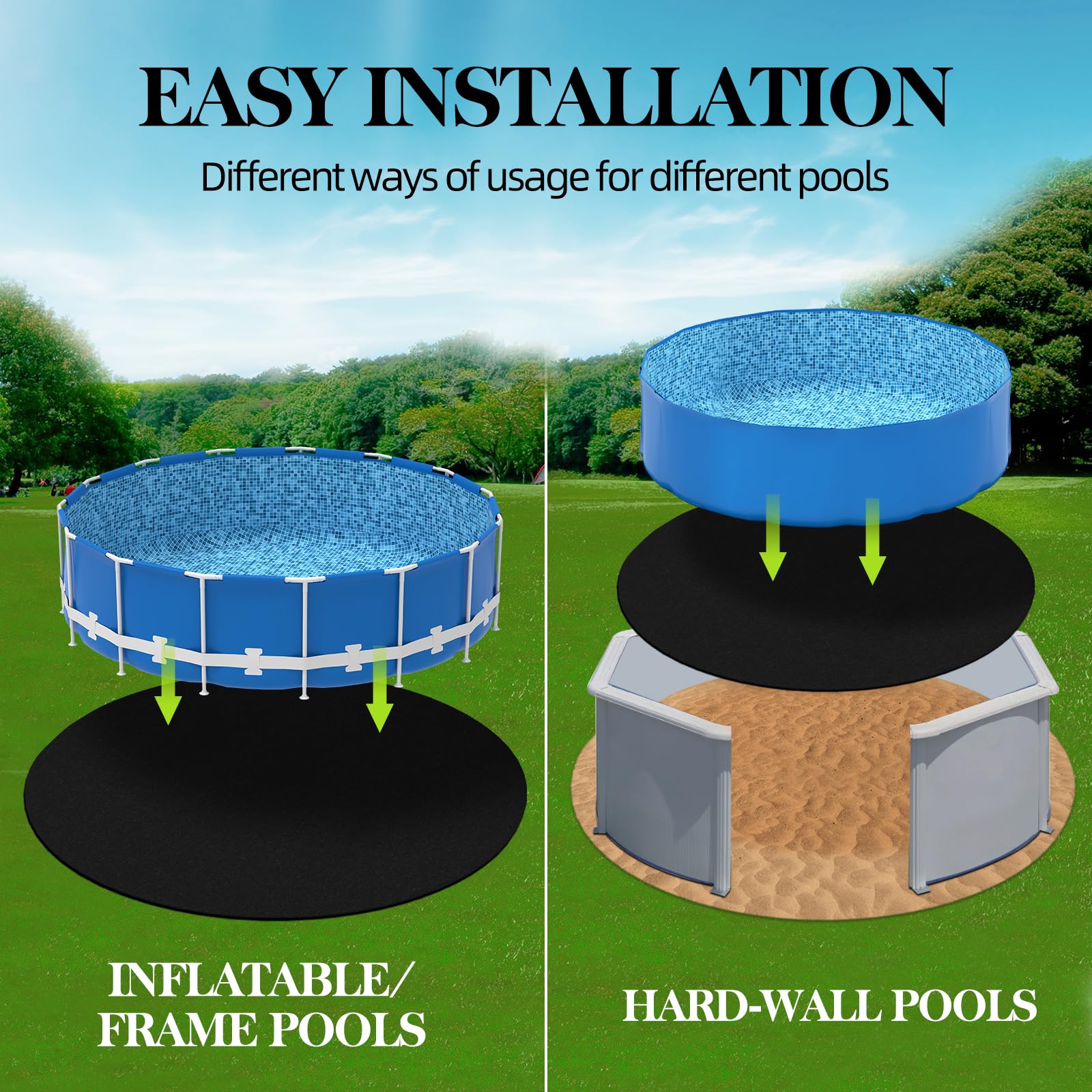 Poolergetic size options fit round, oval, and rectangular pools precisely