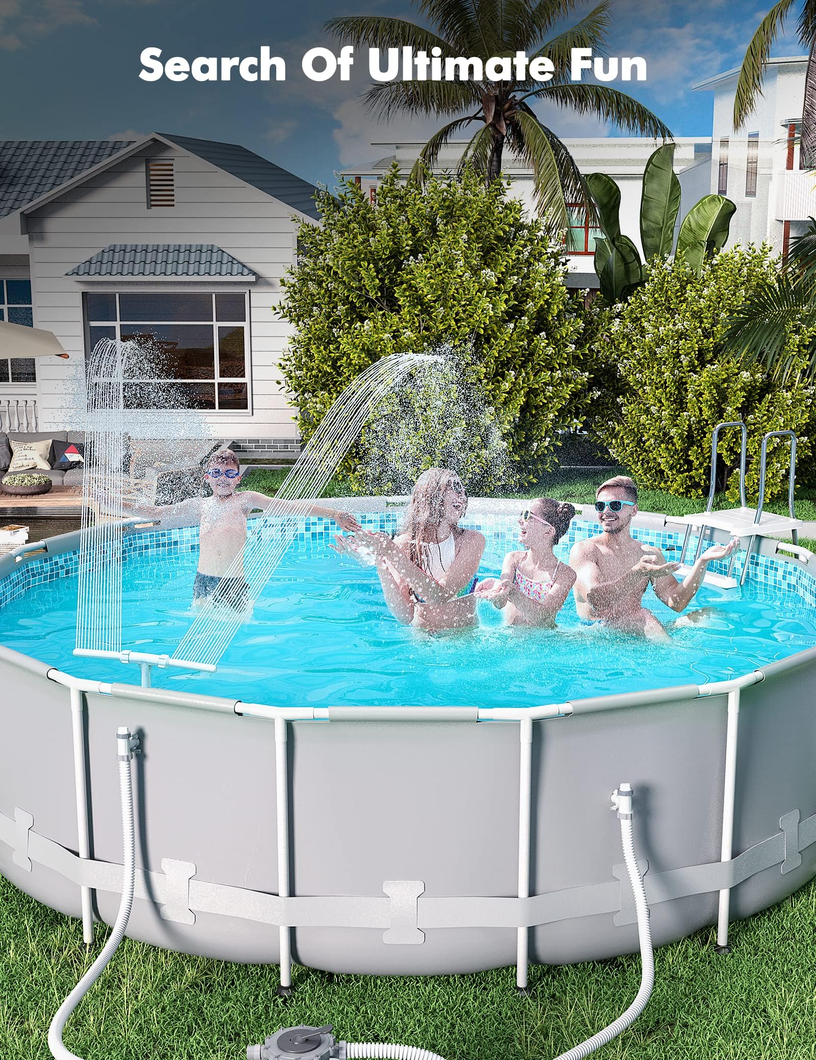 Poolhacker compact design durable fountain emphasizes space-saving outdoor pool accessory.