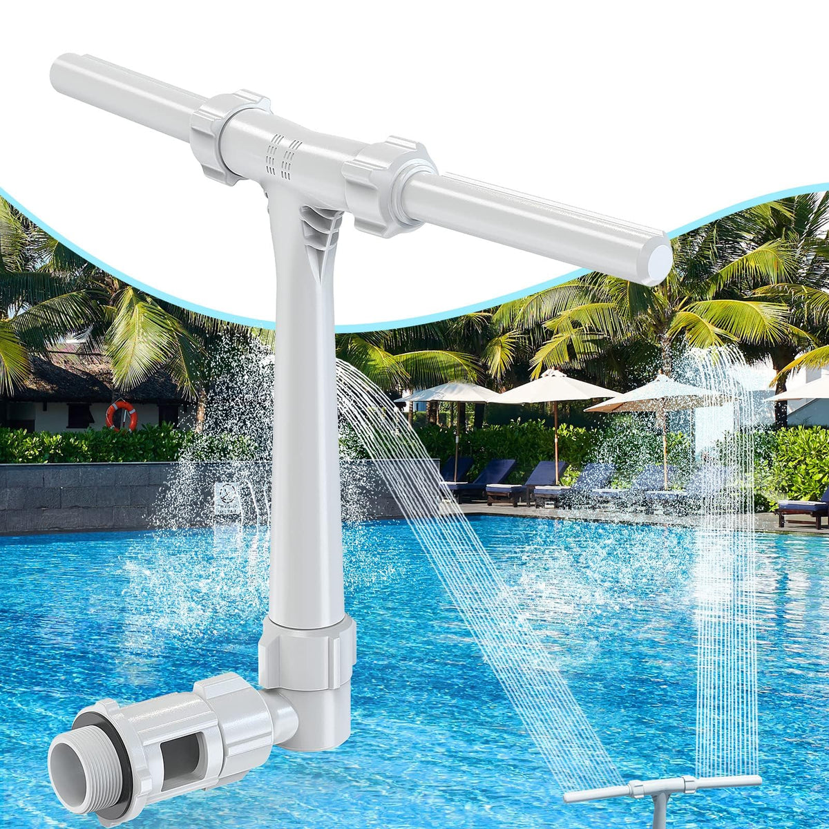 Poolhacker dual-spray fountain front view shows enhanced ambiance and splash.