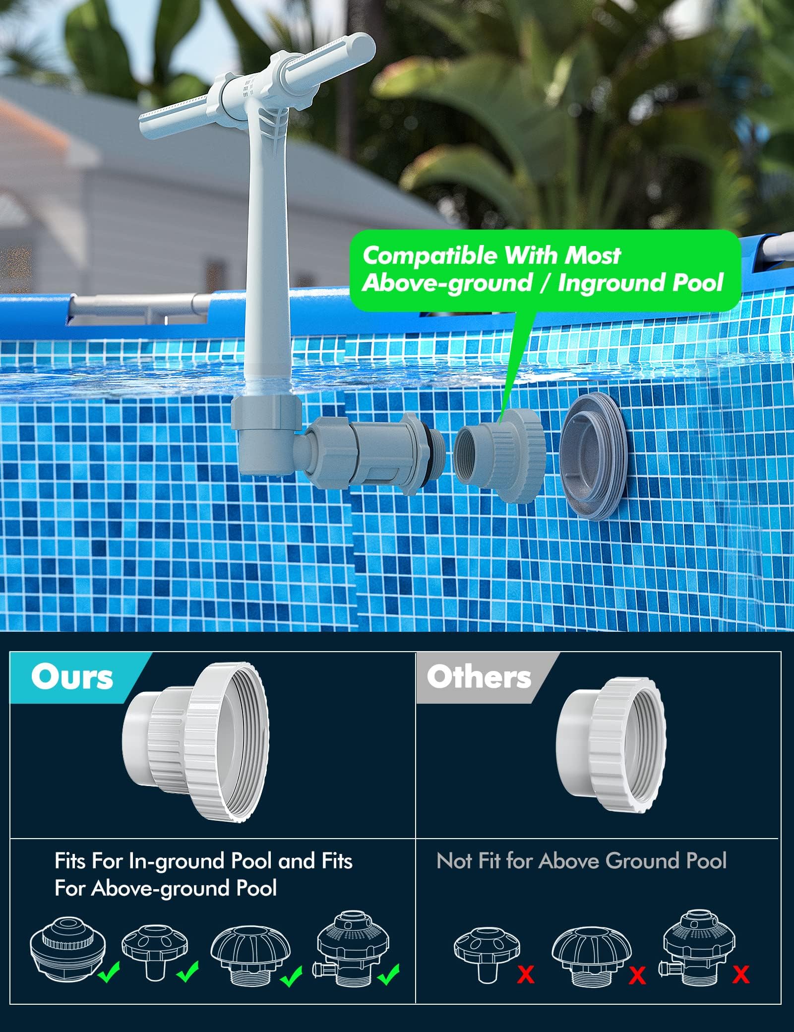 Poolhacker dual-spray fountain installation setup highlights easy connection to standard jets.