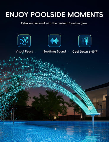 POOLHACKER night-time water spray creates a calming water-light show.