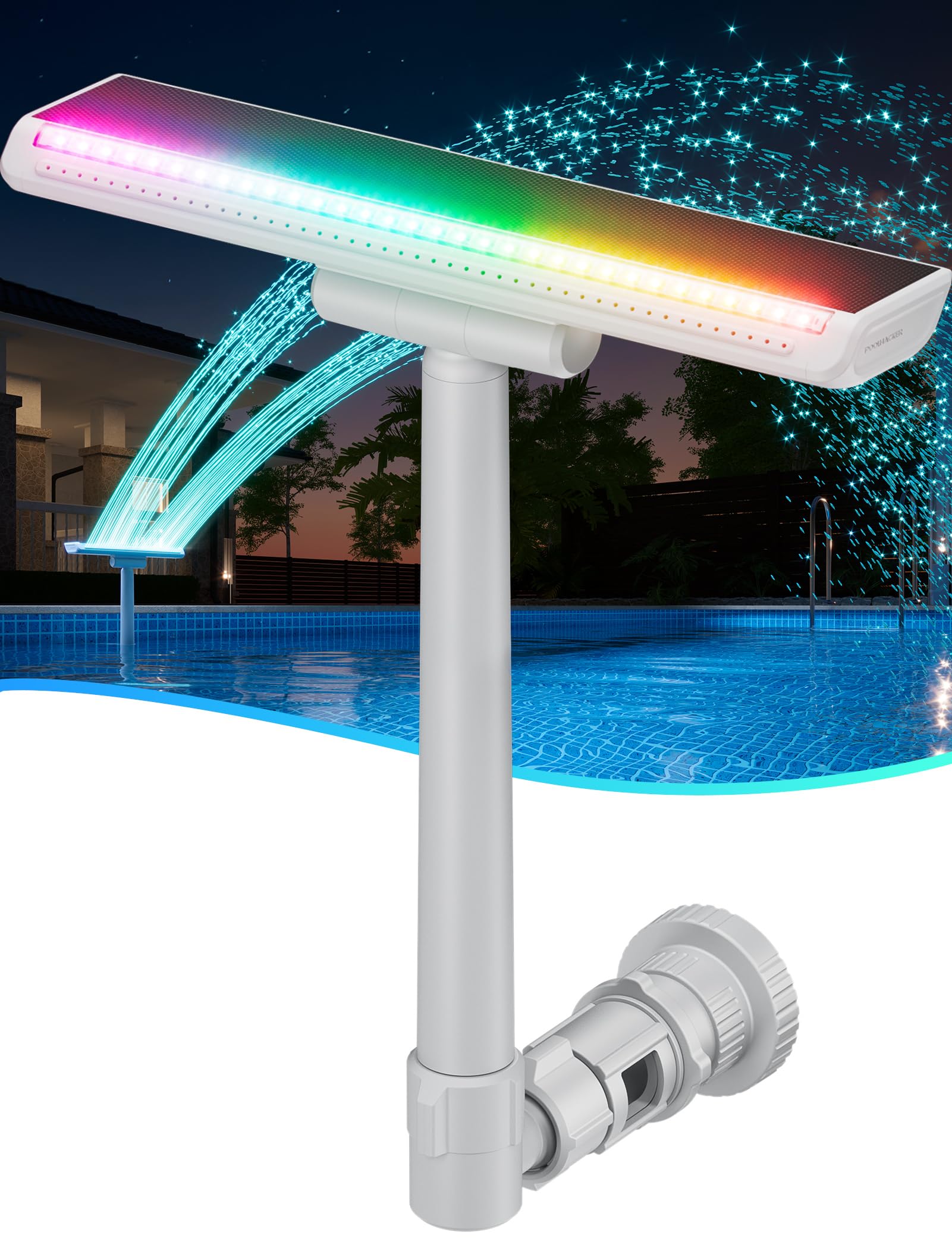 POOLHACKER pool fountain with 7-color LED lights creates vibrant night ambiance.