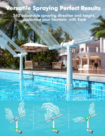 Poolhacker waterfall direction height adjustment demonstrates customizable spray angles.