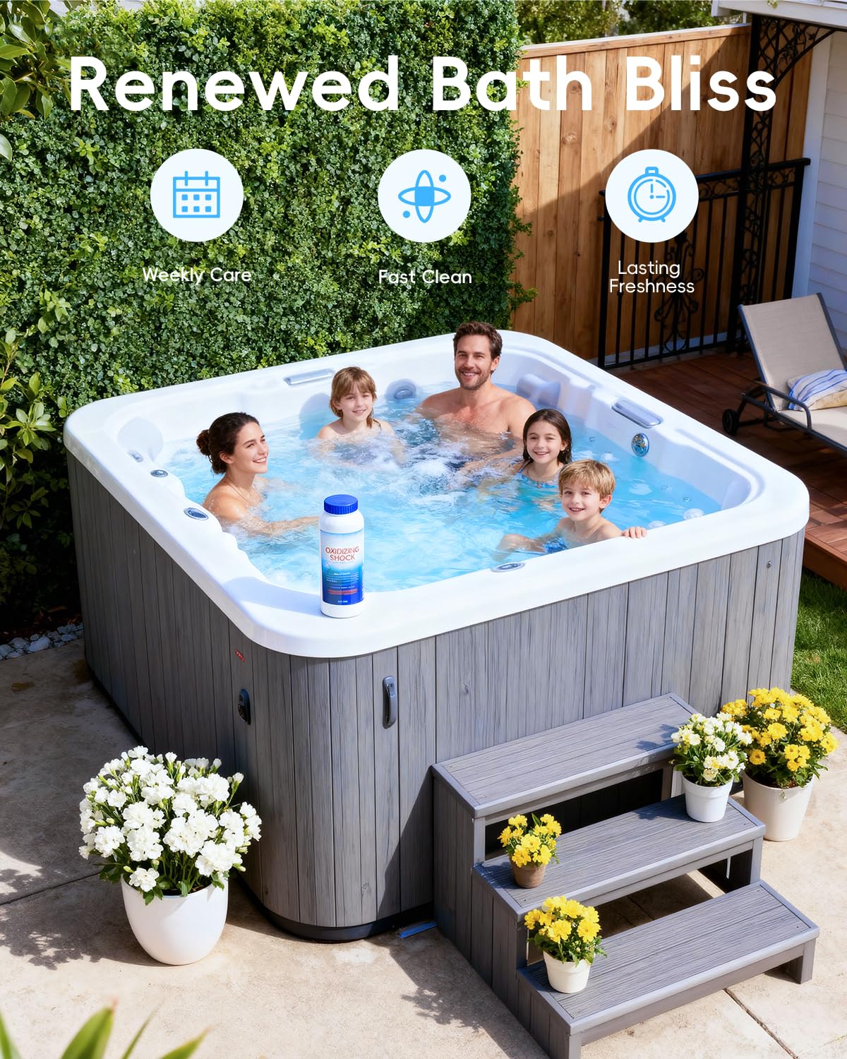 POOLHOUR spa-application moment shows quick 15-minute soak readiness.