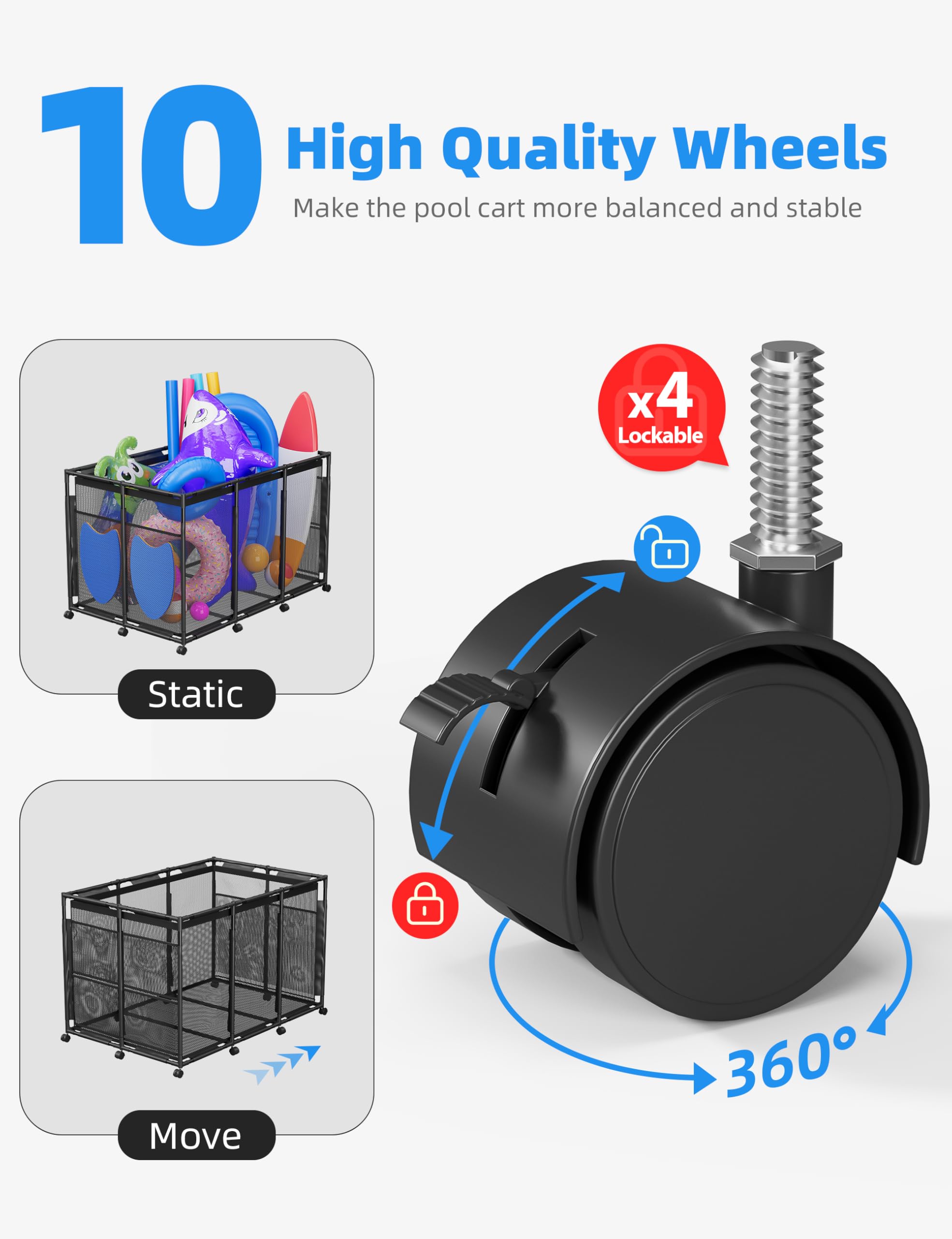 POOLHOUR Pool Float Storage 10-wheel mobility with brakes for easy repositioning.