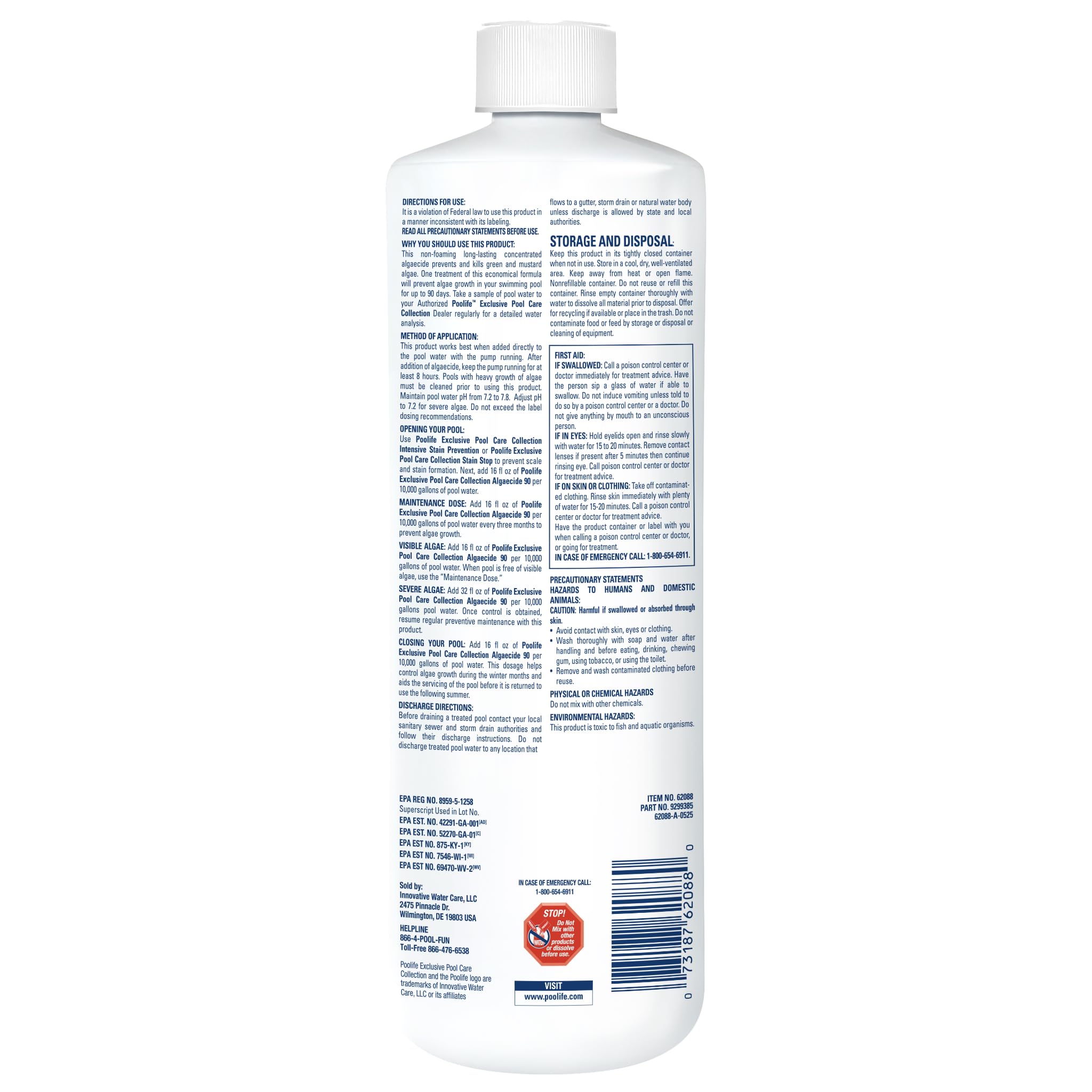 Poolife Algaecide 90 bottle back label explains safe usage and compatibility.