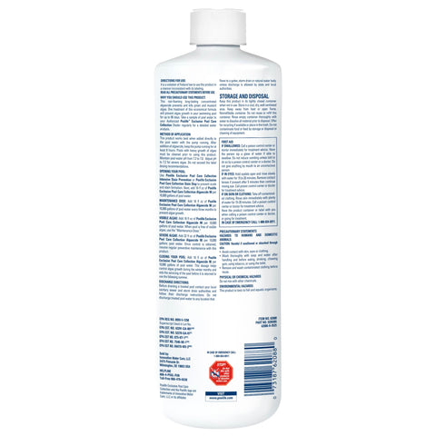 Poolife Algaecide 90 bottle back label explains safe usage and compatibility.