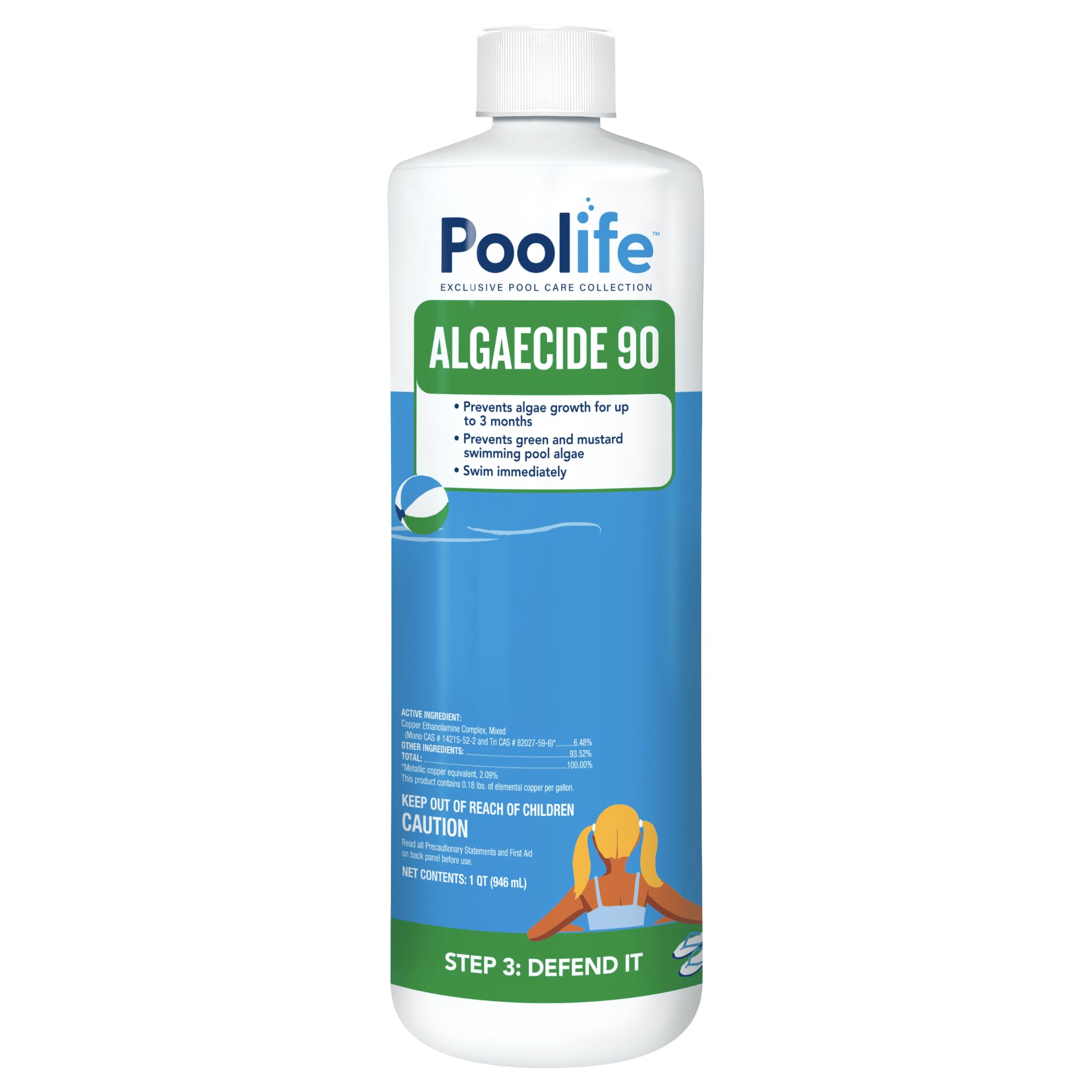 Poolife Algaecide 90 bottle front shows ready-to-use algae control solution.